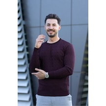 Hk Premium Triko Kazak Fitilli Slim Fit Bisiklet Yaka Likralı Kışlık Sweatshirt Bordo