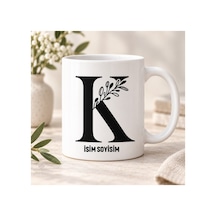 K Harfli İsim Alanlı Kupa Bardak Siyah Çiçekli Monogram 2 Beyaz Beyaz
