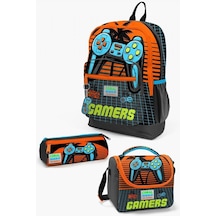 Coral High Kids Erkek Çocuk Gamer Desenli 3 Lü Okul Çanta Seti Gri Turuncu
