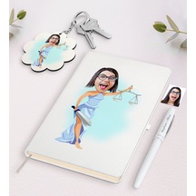 Kişiye Özel Kadın Avukat Karikatürlü Beyaz Defter Kalem Ve Anahta N11.9996