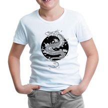Dragon With Moon And Flowers Beyaz Çocuk Tshirt 001