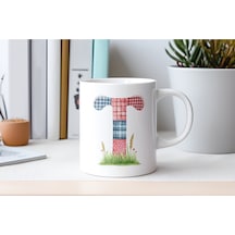 T Harfli Retro Çiçekli Kupa Bardak - Patchwork Tarz Yamalı Desenli İsme Özel Kupa - Hediye 07 Beyaz
