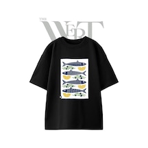 Thewert Sardalya Limon Zeytin Tasarım Baskılı Ünisex Siyah Oversize T-shirt