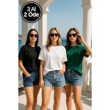 Kadın 3'lü Paket Yeşil-beyaz-siyah %100 Pamuk Oversize Basic Tişört Bisiklet Yaka Relaxed T-shirt Çok Renkli