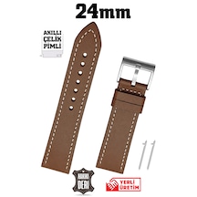 24mm Açık Kahverengi Taba Beyaz Dikişli Spor Hakiki Deri Saat Kordonu Kayış Akıllı Pimli
