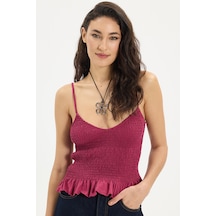 Tudors Kadın Slim Fit Dar Kesim %100 Pamuk Askılı Büzgülü V Yaka Fuşya Bluz-50368 FUŞYA