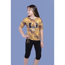 Toontoy Kids Toontoy Kız Çocuk 2'li Takım Baskılı Bisiklet Yaka T-shirt & Basic Düz Tayt - Yırtmaç Detaylı - Bağcıklı Sarı
