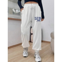 Letter Graphic Drawstring Waist Slant Pocket 4 Mevsim Eşofman Beyaz