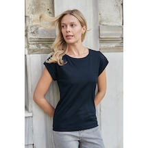 Jument Kadın Kaliteli Likrasız Span Kumaş Geniş Sıfır Yaka Duble Kollu Apoletli Düğmeli T-shirt Bluz-koyu Lacivert K.lacivert