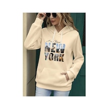 Medinenur Newyork Baskılı Cepli Kapüşonlu Sweatshirt Bej