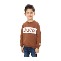 Toontoy Kids Toontoy Erkek Çocuk Relax Fit Bisiklet Yaka Düşük Omuz Baskılı Sweatshirt Kahverengi