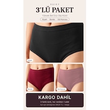 Suısy Yüksek Bel Düz Slip Külot 3'lü Paket Siyah - Bordo - Gül Kurusu Çok Renkli
