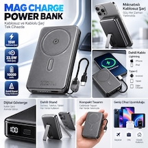 İphone 18 Pro Max Uyumlu Manyetik Kablosuz Powerbank Standlı, Dijital Göstergeli Taşınabilir Hızlı Şarj Cihazı Siyah