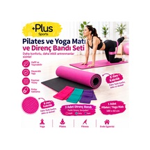 10 Mm Çift Taraflı Pilates Matı Yoga Matı Spor Minderi Ve 3'lü Direnç Bandları Hafif - Orta - Sert Pembe Pembe