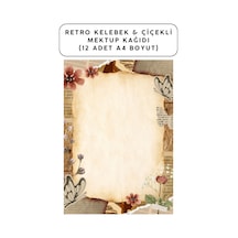 Retro Kelebek & Çiçekli Mektup Kağıdı 12 Adet A4 Boyut