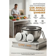 Zenvac Çok Amaçlı Rendeli Paslanmaz Çelik Karıştırma Kabı - Sıçratmaz Mikser Kapağı Ve Saklama Kasesi 4.5l 7 Renkli