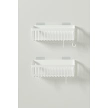 Banyor Yapışkanlı Banyo Rafı, 2'li Banyo Düzenleyici Organizer Duş Şampuanlık, Plastik Beyaz Açık Ahşap