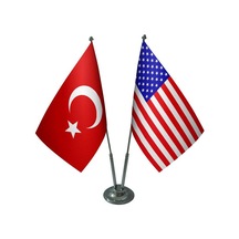 Masa Üstü Amerika Bayrağı Türk Bayrağı İkili Krom Direk Masa Bayr