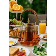 Ahşap Saplı Isıya Dayanıklı Borosilikat Amber Cam Demlik 1200 Ml Süzgeçli Cam Demlik Amber
