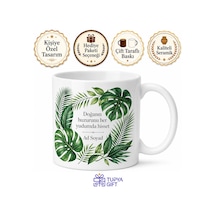 Tropikal Yapraklı Tasarım Baskılı Kupa Bardak Hediyelik Porselen Mug Beyaz / Çok Renkli