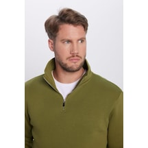 Unisex Relax Fit Rahat Kesim Pamuklu İçi Polarlı Yarım Fermuarlı Haki Dik Yaka Sweatshirt-31452 Haki