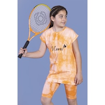 Toontoy Kids Kız Çocuk 2'li Takım Baskılı Bisiklet Yaka T-shirt & Basic Düz Crop Tayt Turuncu