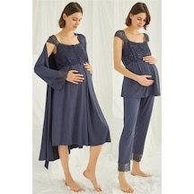 Monamise 18210305 Kadın Lacivert Hamile Lohusa Seti Sabahlık Gecelik Pijama Takım