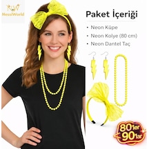 80 Ler 90 Lar Neon Sarı Parti Seti Kolye Küpe Taç 3+