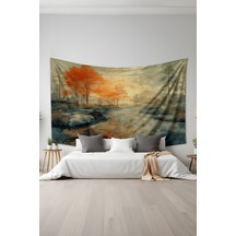 Sonbahar Nehir Manzarası Desenli Duvar Halısı Duvar Örtüsü Tapestry Süet Dokulu Kumaş