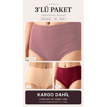 Suısy Yüksek Bel Düz Slip Külot 3'lü Paket Gül Kurusu - Ten - Bordo Çok Renkli