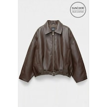 Meecy Kadın Kahverengi Oversize Suni Deri Bomber Ceket Kemeri Tokalı Pilot Ceket Kahverengi Kahverengi