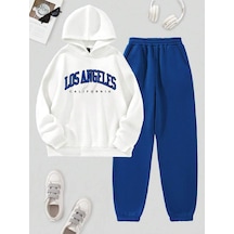 Los Angeles Eşofman Takımı Beyaz Sweatshirt Sax Mavi Jogger - Baskılı Oversize Şardonlu Kapüşonlu Beyaz Sax Mavi