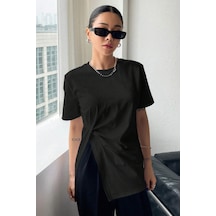 Kadın Asimetrik Tişört Yırtmaçlı Basic Oversize Kısa Kollu Modern Şık T-shirt Siyah
