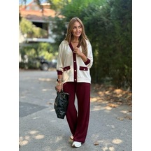 Kadın Uzun Kollu Ribanali Cep Detay Hırka Ve Bol Paça Pantolon Ikili Takım Bordo