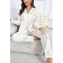 Bella Notte Çiçek Baskılı Cep Detaylı Düğmeli Günlük Uzun Pijama Takımı Sarı