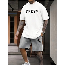Unisex Tokio Baskılı Bisiklet Yaka Beyaz T-shirt Gri Şort Beyaz Unisex Tokio Baskılı Bisiklet Yaka Beyaz T-shirt Gri Şort Beyaz