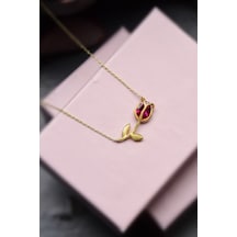 925 Ayar Gümüş Gold Kaplama Fuşya Taşlı Lale Kolye UVPTS100195-2
