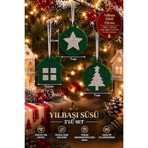 Taşlı Keçe Yılbaşı Süsü 3 Lü Set Çift Taraflı Işıltılı Dekor 4 Renk Seçenekli Yeşil