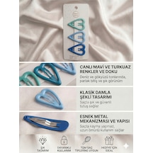 3'lü Set Kalp Figürlü Esnek Metal Damla Çıt Çıt Saç Tokası - 3 Farklı Renk Seçeneği Mavi
