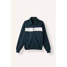 Defacto Boxy Fit Polo Yaka Fermuarlı Şeritli Sweatshirt Hırka I0631ax26augn1051 Yeşil-gn1051