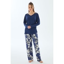 Man11499-1020 Anil Ev Giyim Anıl 11499 Kadın Uzun Kol T-shirt Ve Pantolon Pijama Takımı Lacivert