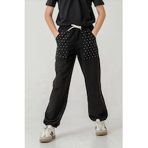 Siyah Cebi Taşlı Paça Brit Lastikli Stoperli Kız Çocuk Eşofman Altı 6168s Anrasit