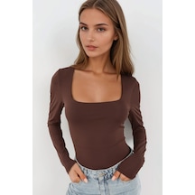 Hiccup Slim Fit Kare Yaka Esnek Üst Koyu Mocha Kahve