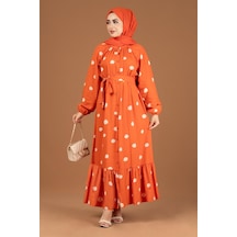 Puantiyeli Kuşaklı Viscon Elbise-turuncu-2304 - Turuncu