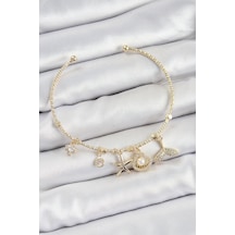 Pirinç Zirkon Taşlı İstiridye Ve Deniz Yıldızı Model Gold Renk Charm Bileklik Altın
