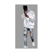 Tarzsokak Kapüşonlu Oversize Çok Kalın 4 Iplik Pamuk Yeni Kreasyon Erkek Hoodie Sweatshırt Beyaz