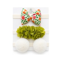 3'lü Bebek Bandana Seti Fiyonk - Ponpon- Çiçek Çiçek Desen- Yeşil Lazer- Ekru Ponpon Çiçek Desen- Yeşil Lazer- Ekru Ponpon