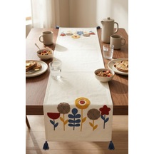 Botanik Rüya Renkli Punch Nakışlı Püsküllü Pamuk Runner 40x130 Cm Mavi