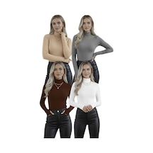 Hashtag Kadın Balıkçı Yaka Parmak Detaylı Body 4'lü Set Viskon Kumaş Gri Kahverengi Bej Beyaz