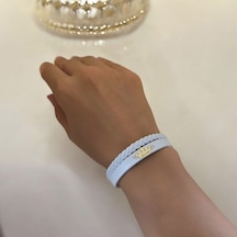 Archin Hande İsmine Özel Hakiki Beyaz Derili Taç Motifli 14 Ayar Altın Plakalı Hediye Bileklik-645isim Hande